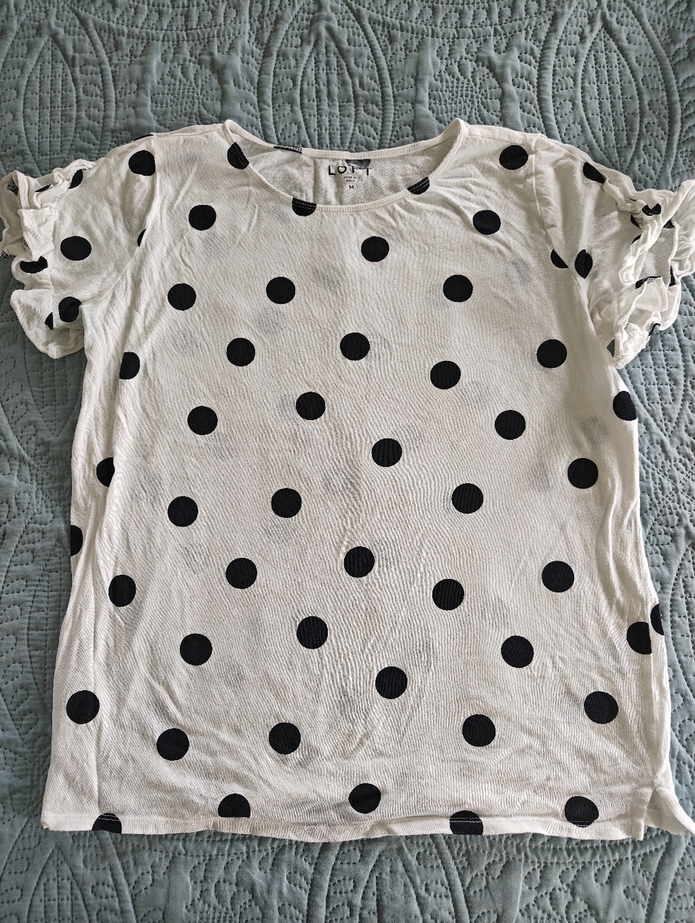LOFT White Tee with Black Polka Dots And Ruffle Sleeve